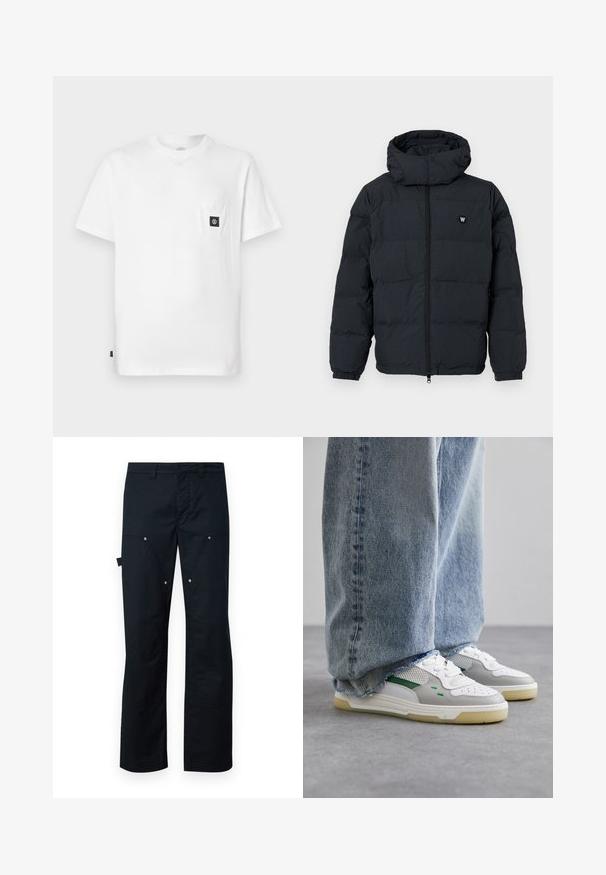 Kurtka puchowa w ciemnym granacie w kratkę, z kapturem, zamkiem błyskawicznym, elastycznymi mankietami i małym logo na piersi.; Biały bawełniany T-shirt z okrągłym dekoltem, krótkimi rękawami i kieszenią na piersi z czarną naszywką z logo. Gładka tekstura, luźny krój.; Czarne spodnie cargo wykonane z trwałego materiału, o prostej kroju, z wieloma kieszeniami i subtelnymi srebrnymi akcentami. ; Białe i szare sneakersy z zielonymi akcentami, z siateczkową cholewką i gumową podeszwą, w połączeniu z niebieskimi dżinsami o postrzępionych końcówkach.