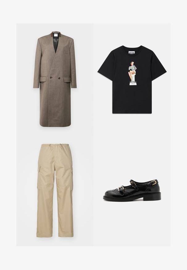 Ruskea villakangastakki, jossa on kaksirivinen malli, kauluksessa lovet, kaksi etutaskua ja sileä pinta. Vuoritettu sisus ja istuva leikkaus.; Mustat puuvillapaitat, joissa on painettu grafiikka naisesta, joka istuu jalustalla raitapaidassa ja tekstit "Moschino Jeans" alla.; Beige cargo-housut, joissa on joustava vyötärö, kaksi sivutaskua ja napilla suljettavat cargo-taskut. Housuissa on suora lahje ja sileä kangastyyppi.; Musta nahkakengät brogue-yksityiskohdilla, joissa on kaksi solkea, pyöristetty kärki ja matala korko. Sileä pinta kiiltävällä viimeistelyllä.