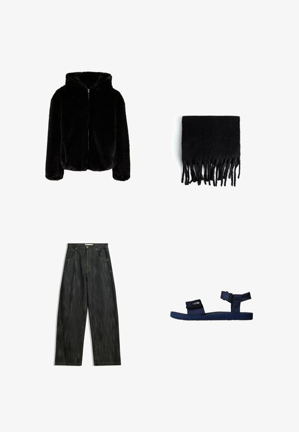Czarna, pluszowa kurtka z futra sztucznego z kapturem, z zamkiem błyskawicznym z przodu i długimi rękawami na białym tle.; Brązowy bawełniany T-shirt z krótkim rękawem, z graficznym tekstem i gwiazdkami w kontrastowych kolorach. Prosty krój z okrągłym dekoltem.; Ciemnogranatowe dżinsy o luźnym kroju, z delikatną pionową teksturą, żółtym przeszyciem, pięcioma kieszeniami i klasycznym zapięciem na guzik.; Granatowe sandały z tkaninowymi paskami i regulowanymi zapięciami na rzepy; teksturowana gumowa podeszwa; minimalistyczny design.; Czarny szal z frędzlami, wykonany z miękkiego, wełnianego materiału. Posiada długie, nierówne frędzle wzdłuż dolnej krawędzi. Prostokątny kształt.