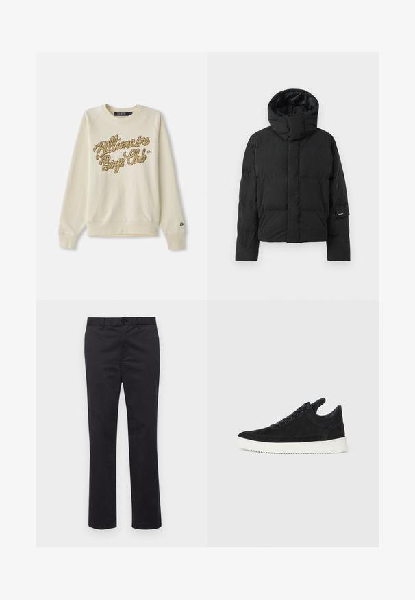 Crni puffer jakna s visokim ovratnikom, s glatkom teksturom tkanine, zatvaranjem na patentni zatvarač i dva prednja džepa. Oznaka brenda na rukavu.; Krem majica s dugim rukavima, s okruglim izrezom, s žutim i smeškim kariranim natpisom "Billionaire Boys Club" na prsima.; Crne pamučne hlače ravnog kroja, s kopčanjem na gumb i petljama za remen. Glatka tekstura, bez vidljivih uzoraka ili akcenta.; Crne nubuk tenisice s bijelim gumenim potplatom, s toniranim šavovima i dizajnom vezanja. Glatka tekstura s modernim, strujnim oblikom.