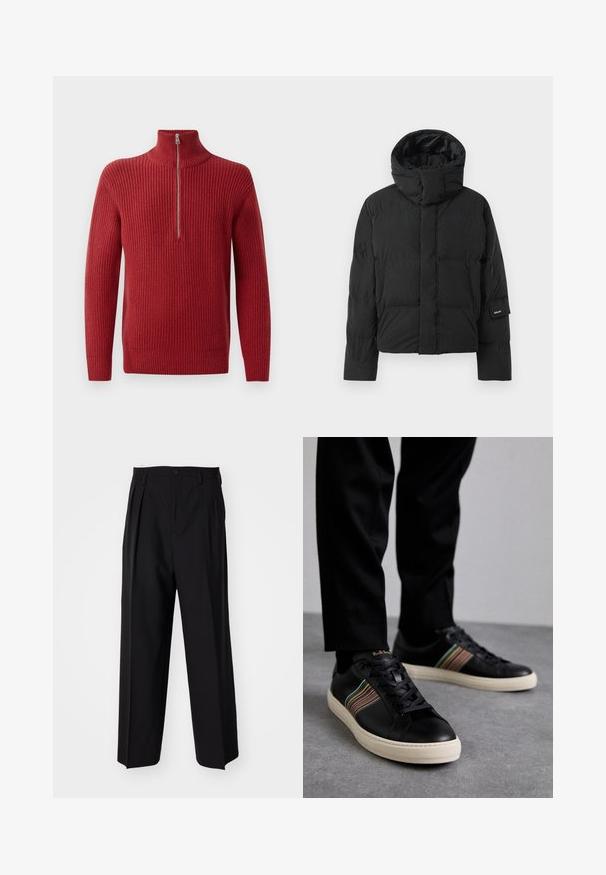 Giacca a vento nera con colletto alto, caratterizzata da una texture di tessuto liscia, chiusura con zip e due tasche frontali. Etichetta del marchio sulla manica.; Maglione a costine rosso con collo alto e chiusura a mezza zip. La texture è morbida e calda, adatta per il clima più fresco.; Pantaloni neri a pieghe con un design dritto e gamba larga. Realizzati in tessuto morbido, con chiusura a bottone e passanti per cintura.; Sneaker in pelle nera con accenti a strisce multicolori, punta rotonda e suole in gomma bianca, dotate di chiusura con lacci e marchio in rilievo.