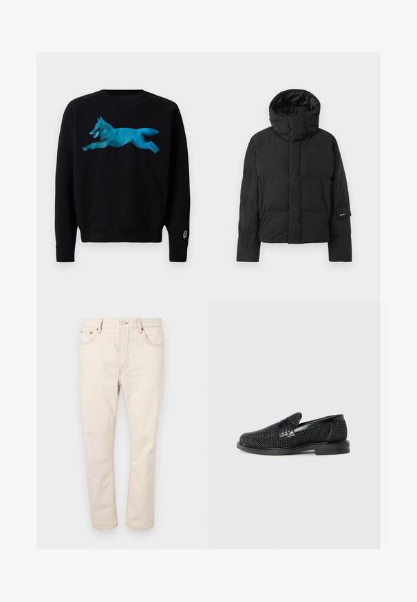 Sort pufferjakke med høj krave, der har en glat stoftekstur, lynlås-lukning og to frontlommer. Mærkeetiket på ærmet.; Sort sweatshirt med et turkist grafik af en springende ræv. Funktionen ribbede manchetter og kant, samt et lille isvaffel-logo på ærmet.; Beige denim jeans med lige ben, der har fem lommer, kontrastsyninger og lukning med knap i taljen.; Sort vævet slip-on sko med en glat læderdetalje på overdelen, en rund tådesign og en lavprofil gummisål.