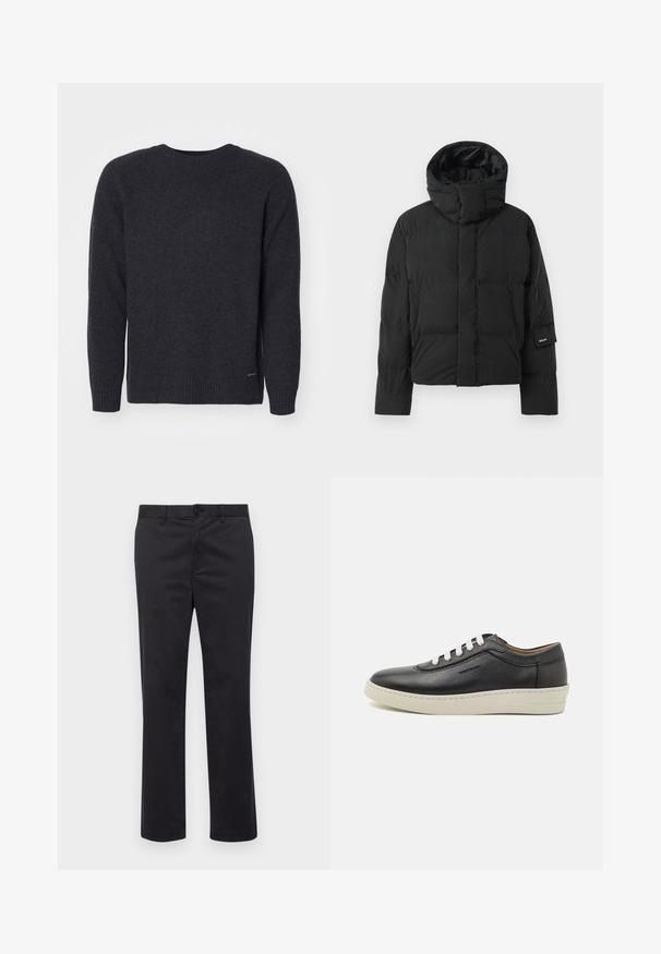 Black puffer jacket with a high collar, featuring a smooth fabric texture, zip closure, and two front pockets. Brand label on sleeve.; Dark gray knit sweater with a round neck, long sleeves, and ribbed cuffs. Smooth texture with a subtle logo detail at the bottom left.; Black cotton trousers with a straight leg design, featuring a button closure and belt loops. Smooth texture, no visible patterns or accents.; Black leather sneaker featuring a white rubber sole, round toe, and flat laces, with side stitching details and subtle branding.