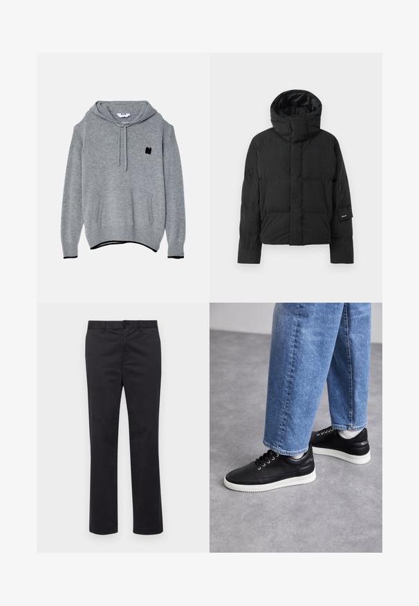 Veste matelassée noire avec un col montant, dotée d'une texture de tissu lisse, d'une fermeture éclair et de deux poches avant. Étiquette de marque sur la manche.; Haut à capuche en tricot gris avec une poche avant, un capuchon à cordon de serrage, un logo noir brodé sur la poitrine et des poignets et un ourlet côtelés.; Pantalons en coton noir avec une coupe droite, dotés d'une fermeture à bouton et de passants de ceinture. Texture lisse, sans motifs ni accents visibles.; Baskets en cuir noir avec semelles en caoutchouc blanc, dotées de lacets ronds, d'une surface lisse et d'un logo discret sur le talon. Portées avec un jean bleu.