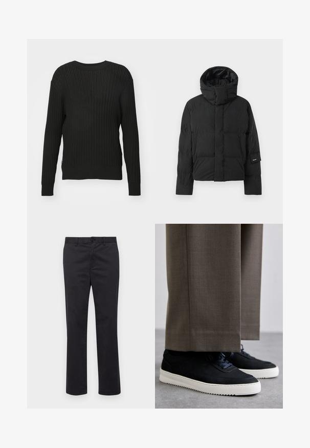 Veste matelassée noire avec un col montant, dotée d'une texture de tissu lisse, d'une fermeture éclair et de deux poches avant. Étiquette de marque sur la manche.; Won Hundred RYDER POINTELLE - Pullover - black; Pantalons en coton noir avec une coupe droite, dotés d'une fermeture à bouton et de passants de ceinture. Texture lisse, sans motifs ni accents visibles.; Baskets en daim noir avec des semelles en caoutchouc blanc, dotées d'un bout arrondi et de lacets, portées avec un pantalon gris sur mesure.