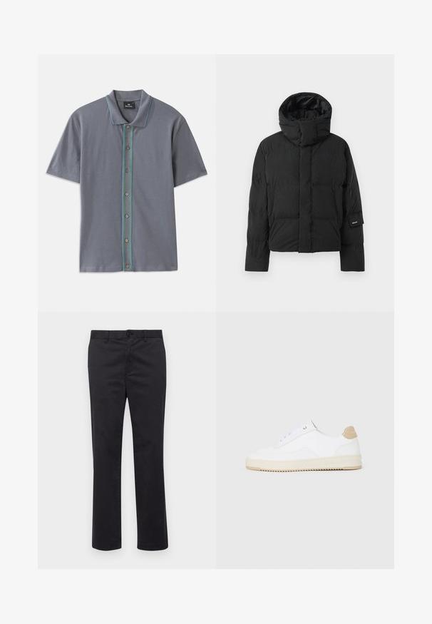 Juodas pūkinis džemperis su aukšta apykakle, turintis lygų audinio tekstūrą, užtrauktuką ir du priekiniai kišeniai. Ženkliukas ant rankovės.; Pilkas trumpas rankovėmis polo marškinėliai su kontrastinga mėlyna ir žalia juostele palei mygtukų eilę ir penkiais rudos spalvos mygtukais. Minkšta audinio tekstūra.; Juodi medvilniniai kelniukai tiesaus kirpimo, su sagos uždarymu ir diržo kilpomis. Lygus audinys, be matomų raštų ar akcentų.; Baltos žemos sportbačiai su tekstūruota odine viršutinė dalimi, kreminė banguota priekiu ir ruda kulno akcentu. Yra baltos raištelės ir logotipas ant kulno.