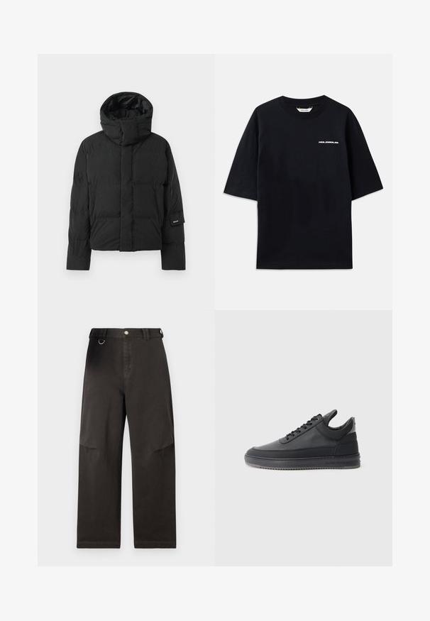 Mustan värvi puhvjakker kõrge kaelusega, sileda kangast tekstuuriga, ettearvestatud tõmbluku ja kahe esitaskuga. Brändi etikett varrukal.; Must musta T-särk lühikeste varrukatega, ümmarguse kaelusega ja ees väikese valge "HOLZWEILER" logoga, omades lõdva lõiget.; Musta laiadegade pant, mis on valmistatud tugevast kangast, esiflukuga ja küljetaskutega. Vöökoht sisaldab metallist rõngakujulist detaili.; Mustad nahkkingad tekstuurse pinnaga, kinnitatavad paeltega, madala varbaga ning hall kummitald, millel on sooneline äär.