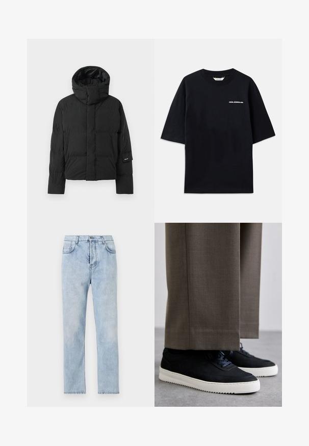 Crni puffer jakna s visokim ovratnikom, s glatkom teksturom tkanine, zatvaranjem na patentni zatvarač i dva prednja džepa. Oznaka brenda na rukavu.; Crna pamučna majica s kratkim rukavima, okruglim izrezom i malim belim logom "HOLZWEILER" sprijeda, s ležernim krojem.; Svijetloplave traperice s ravnim nogavicama, pet džepova i vidljivim šavovima. Materijal je mekan s lagano izblijedjelim finišem.; Crne nubuk tenisice s bijelim gumenim potplatima, s zaobljenim vrhom i vezicama, uparene s sivim krojenim hlačama.