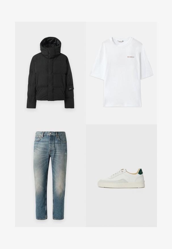 Mustan värvi puhvjakker kõrge kaelusega, sileda kangast tekstuuriga, ettearvestatud tõmbluku ja kahe esitaskuga. Brändi etikett varrukal.; Valge puuvillane T-särk lühikeste varrukatega, ümmargune kaelus ja ees väike pruun "Holzweiler" logo. Sile tekstuur, mugav lõige.; Heledad denimpluus sinise värviga, sirge lõikega. Tootes on nupukinnitus, viis taskut ning kergelt pleekinud piirkonnad ja nn. kulumised reitel.; Valged tennisjalanõud, millel on sametised aktsendid, ümar varvas, lame nöörid ja kreemjas kummine põhja. Hästi nähtav roheline bränding kannal.