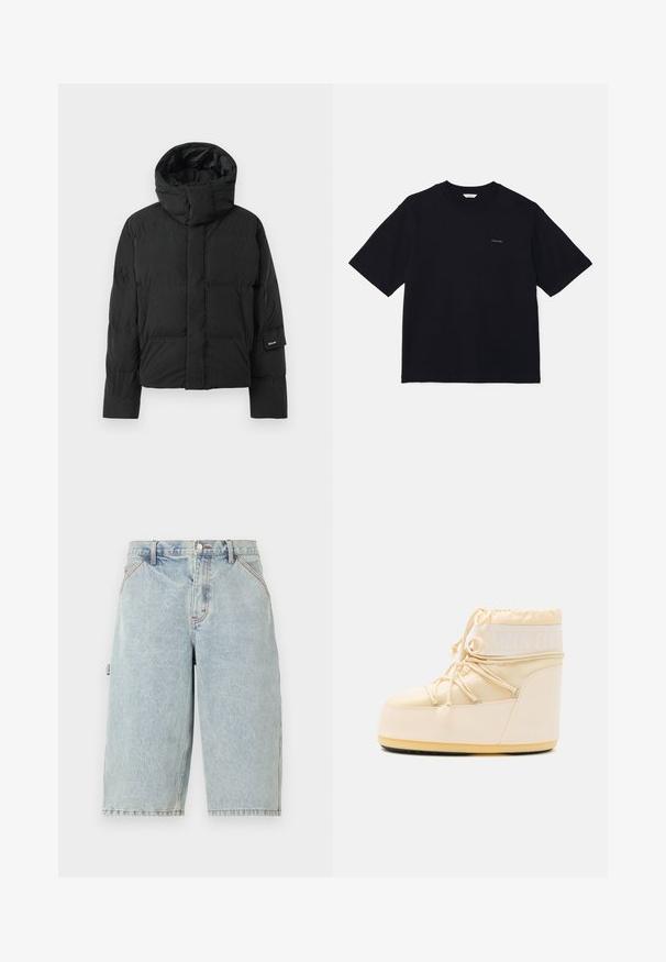 Černá péřová bunda s vysokým límcem, vyrobená z hladkého materiálu, se zipem a dvěma předními kapsami. Etička značky na rukávu.; Černé tričko s krátkým rukávem vyrobené z bavlny, s kulatým výstřihem a malým logem na levé straně hrudi. Hladká textura a uvolněný střih.; Noon Goons RUNAWAY - Džínové kraťasy - washed blue; Světle béžová Moon Boot s kulatou špičkou, stahováním na šňůrku a texturovanou gumovou podrážkou. Obsahuje bílé logo a hladké syntetické materiály.