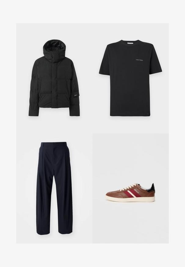 Črna puffer jakna z visokim ovratnikom, z gladko teksturo blaga, zadrgo in dvema sprednjima žepoma. Oznaka blagovne znamke na rokavu.; Črna bombažna majica s krojnim izrezom, kratkimi rokavi in majhnim belim logotipom "TIGER OF SWEDEN" na prsih. Klasičen kroj.; Henrik Vibskov CLAUS PANT - Hlače - tropical navy; Rjave usnjene tenisice z belimi in burgundskimi črtami, bež vezalkami in črnimi detajli na peti. Imajo gumijast podplat in gladko teksturo.
