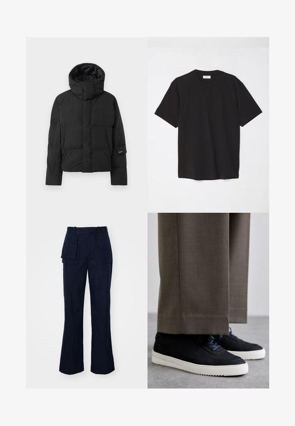 Musta puhvijakku, jossa on korkea kaulus, sileä kangaspinta, vetoketjusuljenta ja kaksi etutaskua. Merkkilogo hihassa.; Mustat puuvillapaitat, joissa on pyöreä kaula-aukko, lyhyet hihat ja rento malli. Yksinkertainen muotoilu, sileä pinta ilman näkyviä kuvioita tai logoja.; Meripaidat suoralla lahkeella, joissa on useita suuria taskuja, litteä vyötärö ja sileä, teksturoitu kangas.; Mustat mokkakengät valkoisilla kumipohjilla, joissa on pyöreä kärki ja nauhat, käytetään harmaiden räätälöityjen housujen kanssa.