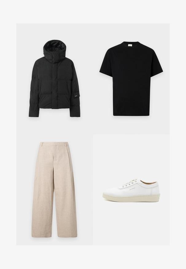 Fekete pufferszüvetes kabát magas gallérral, sima anyagtextúrával, cipzáras záródással és két elülső zsebbel. Márkajelzés az ujjon.; Fekete pamut póló kerek nyakkivágással, rövid ujjakkal és egyenes fazonnal. Nincsenek látható minták vagy fém részletek.; Holzweiler ALEX ONE PLEAT TROUSER - Nadrágok - ecru; Fehér bőr sportcipő textúrázott felülettel, kerek orral, bézs gumitalppal és hat szürke fűzőlyukkal, melyen diszkrét logó található az oldalon.