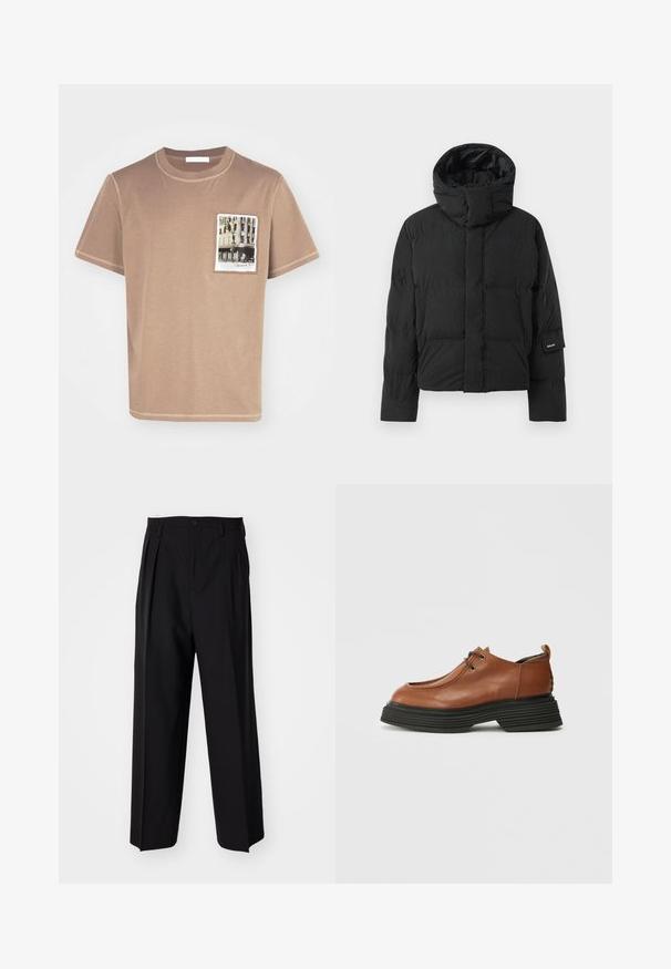 Musta puhvijakku, jossa on korkea kaulus, sileä kangaspinta, vetoketjusuljenta ja kaksi etutaskua. Merkkilogo hihassa.; Ruskea puuvillapaita, jossa on pyöreä kaula-aukko, lyhyet hihat ja etutasku, jossa on painettu kuva rakennuksesta.; Mustat laskostetut housut, joissa on suora, leveä lahje. Valmistettu sileästä kankaasta, jossa on nappisuljenta ja vyölenkit.; Ruskea nahkakenkä, jossa on pyöreä varvas, nauhakiinnitys ja paksu musta kerrospohja. Erityinen rakenteellinen muotoilu ja textuuri.