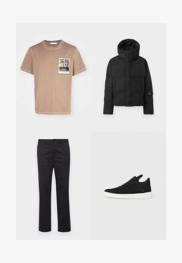 Black puffer jacket with a high collar, featuring a smooth fabric texture, zip closure, and two front pockets. Brand label on sleeve.; Brown cotton t-shirt with a round neckline, short sleeves, and a front pocket featuring a printed image of a building.; Black cotton trousers with a straight leg design, featuring a button closure and belt loops. Smooth texture, no visible patterns or accents.; Black suede sneaker with a white rubber sole, featuring tonal stitching and lace-up design. Smooth texture with a modern, streamlined shape.