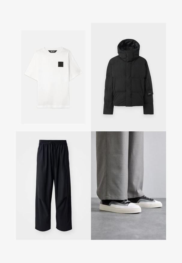 Juodas pūkinis džemperis su aukšta apykakle, turintis lygų audinio tekstūrą, užtrauktuką ir du priekiniai kišeniai. Ženkliukas ant rankovės.; Baltos medvilnės marškinėliai su trumpomis rankovėmis, turintys juodą kvadratinį logotipą kairėje krūtinės pusėje. Apskrito iškirpimo, laisvas kirpimas.; Henrik Vibskov DRAWSTRING PANTS - Kelnės - tropical black; Filling Pieces RIVIERA - Sportbačiai - grey