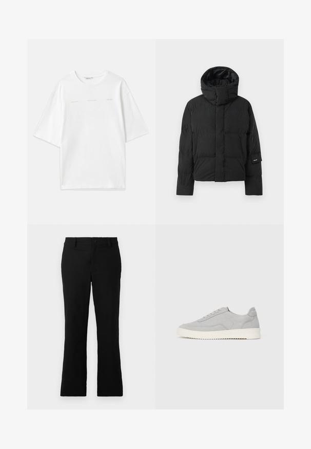 Čierna puffová bunda s vysokým golierom, vyrobená z hladkého materiálu, so zipsovým zapínaním a dvoma prednými vreckami. Nálepka značky na rukáve.; Biely bavlnený tričko s nadrozmerným dizajnom, okrúhlym výstrihom, krátkymi rukávmi a potlačou textu v svetlej béžovej farbe. Hladká textúra.; Čierne rozšírené nohavice z bavlnenej zmesi, s gombíkovým zapínaním, pútkami na opasok a hladkým povrchom bez viditeľných vzorov.; Šedé semišové tenisky s nízkym profilom, zaoblenou špičkou a plochou bielou gumovou podrážkou, s minimálnym prešívaním a viazaním.