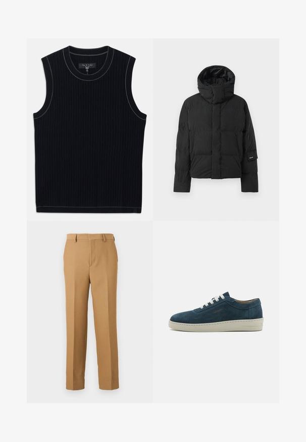 Musta puhvijakku, jossa on korkea kaulus, sileä kangaspinta, vetoketjusuljenta ja kaksi etutaskua. Merkkilogo hihassa.; Mustan hihattoman topin on valmistettu ribbikankaasta, jossa on pyöreä kaula-aukko ja siisti helma. Huomaamaton kontrastivärinen viimeistely kaula-aukossa.; Beige dressipüksid, mis on valmistatud kudumiskangast, omavad sirget lõiget, lapikut esiosa ja vöökohapritsmeid. Sile tekstuur ilma nähtavate mustriteta.; Sininen mokkakengät pyöreällä varvalla, valkoisilla nauhoilla ja kumipohjalla. Sisältää hienovaraisia ompeleita ja merkkikorostuksen sivussa.