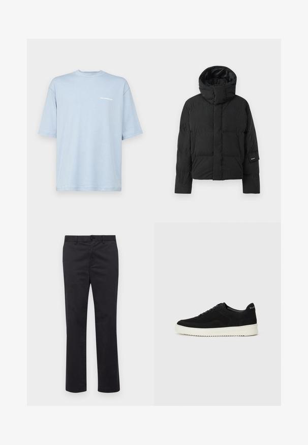 Mustan värvi puhvjakker kõrge kaelusega, sileda kangast tekstuuriga, ettearvestatud tõmbluku ja kahe esitaskuga. Brändi etikett varrukal.; Holzweiler RANGER FLOWER TEE - Trükipildiga T-särk - blue; Mustadest puuvillast püksid sirge jala disainiga, millel on nööbiklõps ja vöökohaga silmad. Sile tekstuur, ilma nähtavate mustrite või aktsentideta.; Mustad suede jooksujalatsid, millel on paelad ja kontrastne valge kummitald. Omab tekstuuriga külgpaneele ja tagasihoidlikku brändimist kandadel.