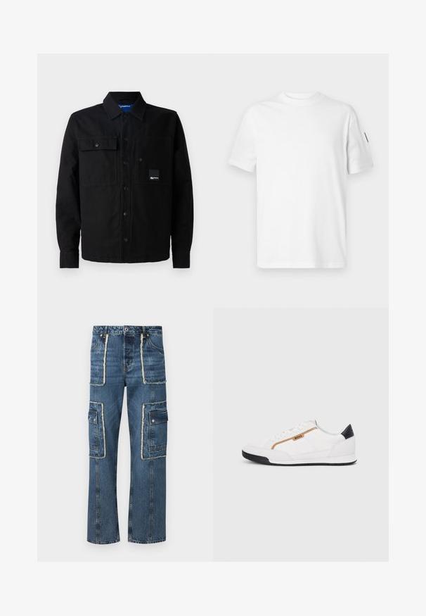 Μαύρο πουκάμισο με κουμπιά φτιαγμένο από παχύ ύφασμα, διαθέτοντας δύο μπροστινές τσέπες, κουμπιά και μία ετικέτα λογότυπου στην αριστερή τσέπη. Κλασικός σχεδιασμός και εφαρμογή.; Λευκό βαμβακερό t-shirt με κοντά μανίκια και στρογγυλή λαιμόκοψη. Διαθέτει ένα μικρό μαύρο λογότυπο στο αριστερό μανίκι. Λείος υφή, κανονική εφαρμογή.; Τζιν παντελόνια cargo σε μεσαίο μπλε με άνετη εφαρμογή. Διαθέτουν σχισμένα άκρα, πολλαπλές τσέπες cargo και λεπτομέρειες με αντίθετη ραφή.; Λευκά αθλητικά παπούτσια με λεπτομέρειες από διχτυωτό και δερμάτινο υλικό. Διαθέτουν χρυσό λογότυπο "BOSS", υφασμάτινες πλευρές με υφή και μαύρη κάλυψη στη φτέρνα. Ελαστική σόλα.