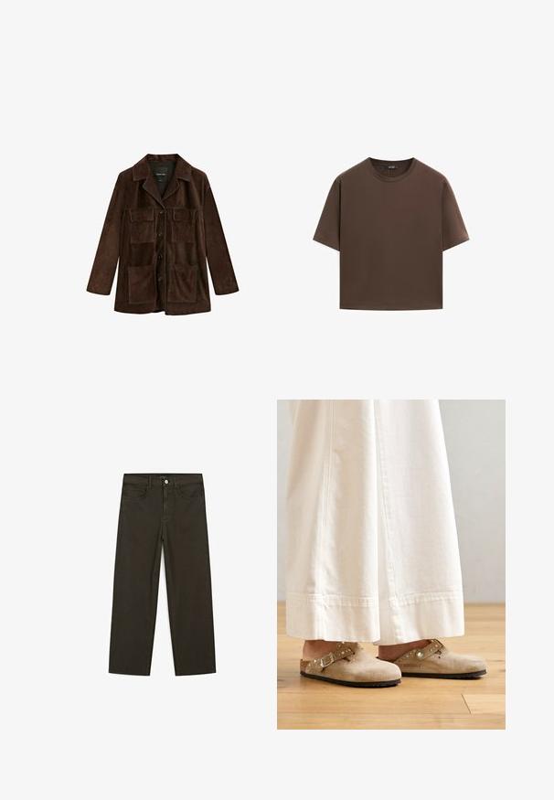 Dunkelbraune Wildlederjacke mit Kragen, vier vorderen Knöpfen, zwei Brustklapptaschen und zwei großen aufgenähten Taschen unten.; Braunes Baumwoll-T-Shirt, kurze Ärmel, runder Halsausschnitt, lockere Passform, glatte Textur, minimalistisches Design, keine sichtbaren Muster oder Akzente.; Dunkelgrüne Jeans im weit geschnittenen Style, hergestellt aus einem Baumwollgemisch. Sie verfügen über einen Frontknopfverschluss, fünf Taschen und klassische Denim-Nähte.; Beige Wildlederschlappen mit einem geschnallten Riemen und Nietenakzenten, getragen zu weißen, weit geschnittenen Hosen, auf einem Holzboden.