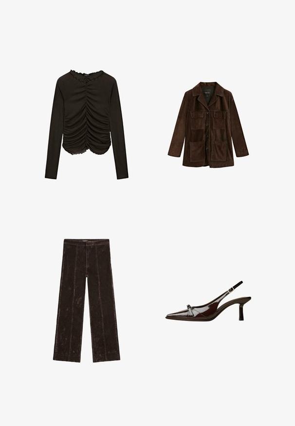 Tmavě hnědá zamšová bunda s límcem, čtyřmi předními knoflíky, dvěma náprsními kapsami s klopou a dvěma velkými spodními nasazenými kapsami.; Černý top s dlouhým rukávem s nabráním vpředu a vroubkovaným výstřihem. Vyrobený z měkké, elastické látky.; Kalhoty s širokými nohavicemi v tmavě hnědé barvě, s texturou podobnou semiši, vertikálními švy a elastickým pasem pro pohodlí.; Hnědé lakované sandály s špičatou špičkou, nízkým podpatkem a dekorativní mašlí na přední části. Hladký, lesklý povrch.
