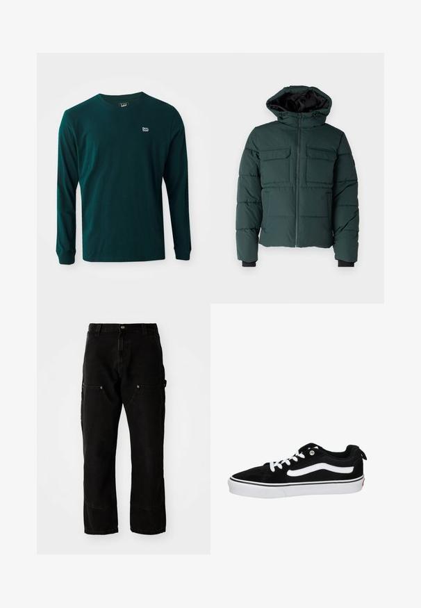 Grüne Pufferjacke mit Kapuze, Reißverschluss an der Vorderseite und zwei Brusttaschen. Mit elastischen Bündchen und strukturiertem Finish. Gefüttertes Inneres.; Langarm-T-Shirt aus dunkelgrüner Baumwolle mit Rundhalsausschnitt und kleinem weißen Logo auf der linken Brust. Glatte Textur, lockere Passform.; Schwarze Denim Cargo-Hosen mit lockerer Passform, ausgestattet mit zwei Vordertaschen, Seitentaschen und sichtbaren Nähdetails.; Schwarze Wildleder-Sneaker im Low-Top-Stil mit weißen Schnürsenkeln, einem weißen Seitenstreifen und einer Gummisohle mit schwarz-weißen Akzenten.