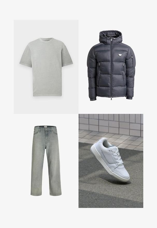 Tamsiai pilkas pūkuotas džemperis su gobtuvu, turintis užtrauktuką priekyje, dvi užtrauktukais uždaromas kišenes ir logotipą ant krūtinės. Švelni, blizganti tekstūra.; Šviesiai pilkos spalvos marškinėliai trumpomis rankovėmis ir apvalia iškirpte, pademonstruoti ant paprasto balto fono.; Šviesiai pilkos, laisvai krentančios džinsinės kelnės. Turi klasikinį penkių kišenių dizainą, diržo kilpas ir tiesius kojų siluetus.; Baltos odinės sportinės bateliai su perforuotais šonais, tekstūruotais akcentais, plokščiomis raištelėmis ir kontrastingu pilku kulnu. Yra šiek tiek pakelti padas.