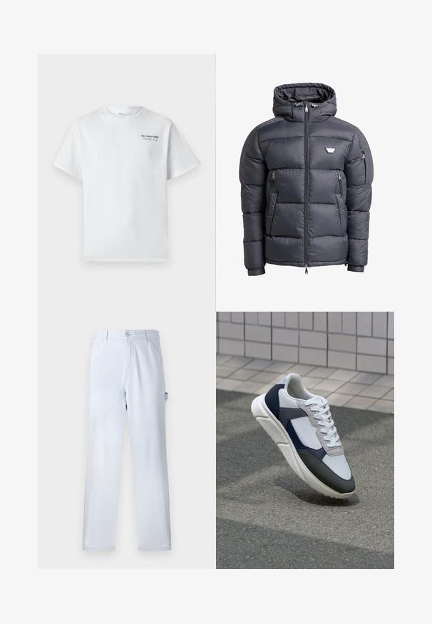 Gevoerde capuchonjas in donkergrijs, voorzien van een rits aan de voorkant, twee ritszakken en een logostiksel op de borst. Gladde, glanzende textuur.; Witte katoenen t-shirt met korte mouwen, ronde halslijn, met een klein zwart tekstlogo "J&J since 1990 Society Club" op de borst.; Lichtblauwe gestreepte broek van katoen. Rechtaf hangend ontwerp, met een voorknopsluiting en zijzakken. Zachte textuur.; Witte, marineblauwe en grijze sneaker met een gemengde materiaald ontwerp, met een gestructureerde bovenkant, platte veters en een gevoerde zool.