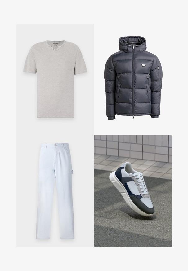 Padded hooded jacket in dark gray, featuring a zip front, two zippered pockets, and a logo accent on the chest. Smooth, shiny texture.; Short-sleeve, grey and white striped t-shirt with a round collar and two-button detail at the neckline. Soft fabric with a casual fit.; Light blue striped trousers made of cotton. Straight-leg design, featuring a front button closure and side pockets. Soft texture.; White, navy, and gray sneaker with a mixed material design, featuring a textured upper, flat laces, and a cushioned sole.