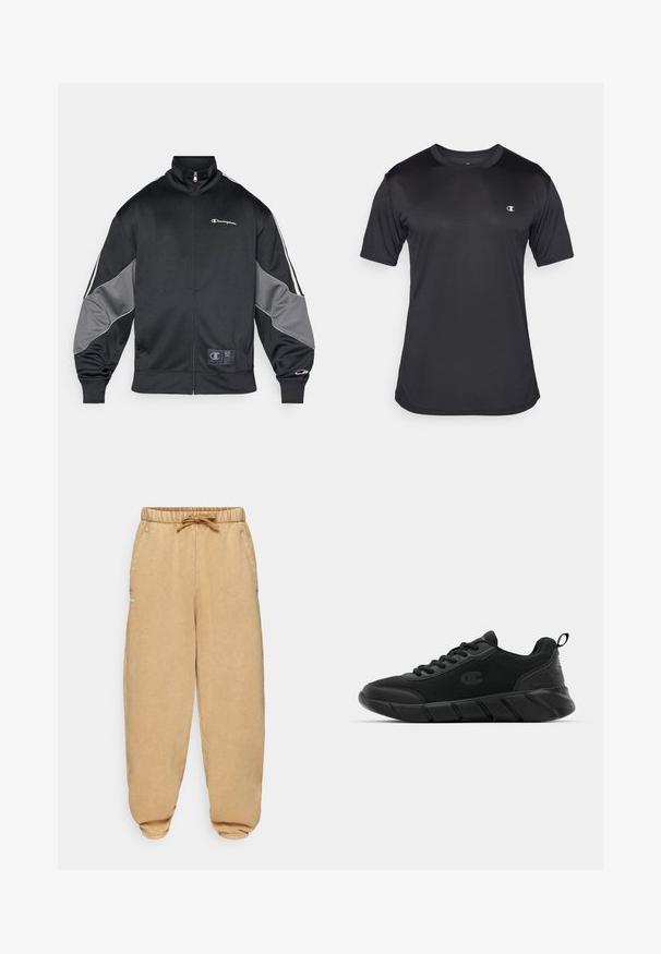 Czarna kurtka treningowa z gładkiego materiału, z szarymi akcentami na rękawach, wysokim kołnierzem, zapięciem na zamek i logo na piersi.; Czarna krótka koszulka sportowa z materiału o teksturowanej, oddychającej powierzchni; ma okrągły dekolt i logo po lewej stronie na piersi.; Beżowe spodnie dresowe wykonane z miękkiego materiału, z elastycznym paskiem w talii i sznurkiem, bocznymi kieszeniami oraz zwężającymi się mankietami.; Czarne sportowe sneakersy z siateczkową cholewką, wzmocnionym noskiem, teksturowaną podeszwą środkową i tylną pętelką ułatwiającą zakładanie. Logo wyeksponowane z boku.