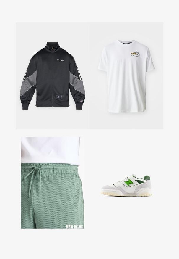 Chaqueta negra de pista hecha de tela suave, con acentos grises en las mangas, cuello alto, cierre de cremallera y detalles de logo en el pecho.; Camiseta de algodón blanca con un gráfico de un camión amarillo y texto. Cuello redondo y mangas cortas. Textura suave, ajuste relajado.; Bermudas de malla verde claro con cintura elástica y cordón. Presentan pequeños orificios para transpirabilidad y un detalle de logo en blanco.; Zapatilla blanca con acentos verdes, hecha de cuero y ante. Presenta un upper texturizado, collar acolchado y una suela de goma con tacos visibles.