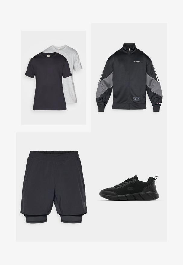 Sort træningsjakke lavet af glat materiale, med grå accenter på ærmerne, høj krave, lynlås lukning og logo-detaljering på brystet.; To korte ærmeløse t-shirts, en sort og en lysegrå. Begge er lavet af bomuld, har runde halsudskæringer og en afslappet pasform.; Sorte atletiske shorts med elastisk talje, lagdelt design og en tætsiddende inderforing. Har et subtile logo på den nederste side.; Sort atletiske sneakers med en mesh-overdel, forstærket tå, struktureret mellemsål og bageste trækhåndtag for nem påføring. Logo vist på siden.