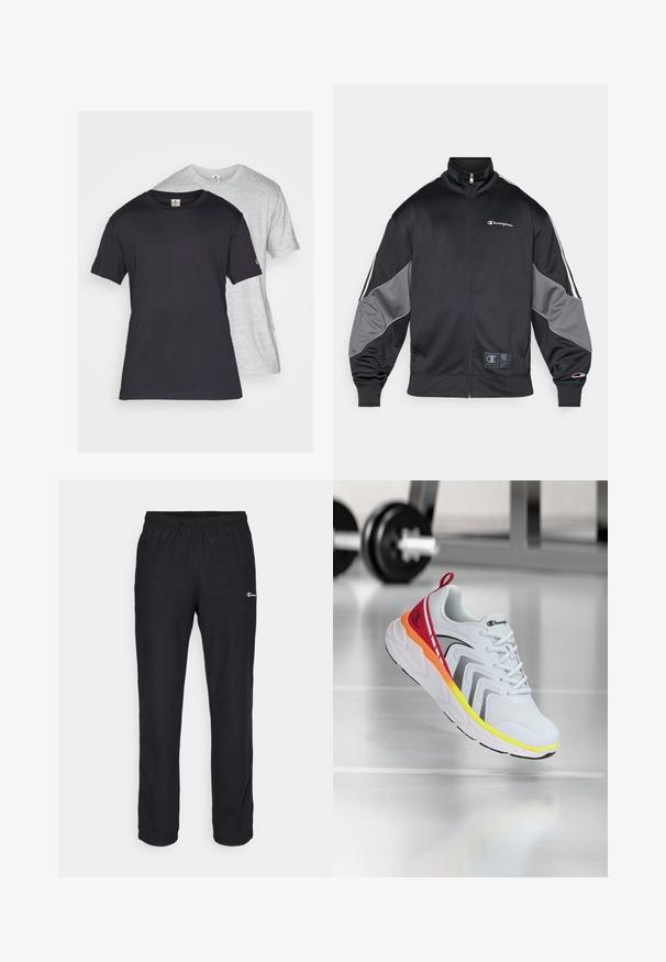 Jachetă de trening neagră, confecționată dintr-un material neted, cu accente gri pe mâneci, guler înalt, închidere cu fermoar și detalii cu logo pe piept.; Două tricouri cu mânecă scurtă, unul negru și unul gri deschis. Ambele sunt din bumbac, având decolteu rotund și o croială lejeră.; Champion ICONS STRAIGHT PANTS QUICK DRY - Pantaloni de trening - black; Pantofii sport albi cu partea superioară din plasă, accente colorate în roșu, portocaliu și galben, având o talpă texturată și detalii negre.