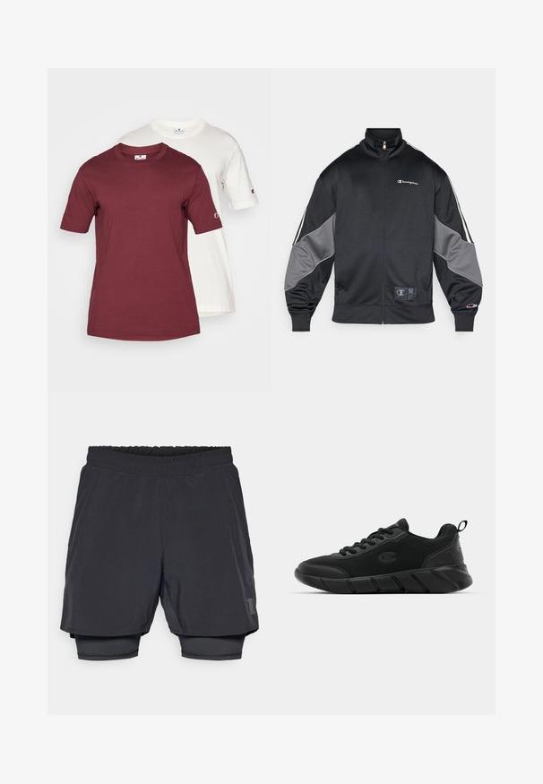 Casaco de pista preto feito de tecido suave, com detalhes cinzas nas mangas, um colar alto, fecho de zip e logotipo na zona do peito.; Duas camisetas de manga curta empilhadas; uma cor vinho e uma branca. Ambas são feitas de algodão, com decote redondo e um logotipo na manga.; Calções atléticos pretos com um cós elástico, design em camadas e um forro interior ajustado. Apresenta um logótipo discreto na parte inferior.; Tênis de desporto pretos com parte superior em malha, biqueira reforçada, entressola texturizada e loop na parte de trás para calçar facilmente. Logotipo exibido ao lado.