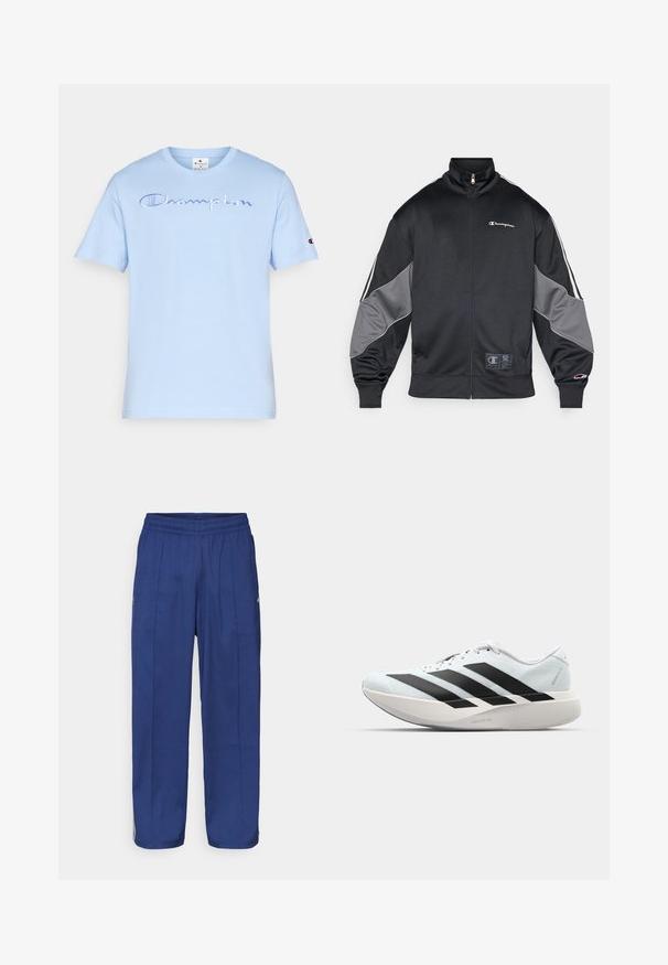 Black track jacket made of smooth fabric, featuring gray accents on sleeves, a high collar, zip closure, and logo detailing on the chest.; Light blue cotton t-shirt with short sleeves. Features embroidered "Champion" logo on the front and logo patch on the left sleeve.; Navy blue, loose-fitting pants with an elastic waistband, featuring two front pleats and subtle side accents for added detail.; Lightweight running shoes in pale blue with black stripes. Features a smooth upper, round toe, and thick white midsole labeled "LIGHTSTRIKE PRO."