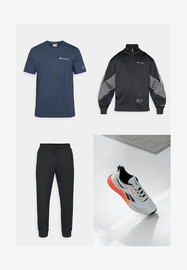 Sort træningsjakke lavet af glat materiale, med grå accenter på ærmerne, høj krave, lynlås lukning og logo-detaljering på brystet.; Marineblå kortærmet T-shirt lavet i bomuld med rund halsudskæring og hvidt "Champion" logo på brystet og ærmet.; Sorte atletiske joggers med elastisk talje med snøre, sidelommer med lynlås og ribbede manchetter. Fremstillet af et blødt, struktureret stof.; Hvid sportssko med en mesh-overdel, sorte accenter og en gradient sål fra orange til pink. Har snørebånd og rund tå.