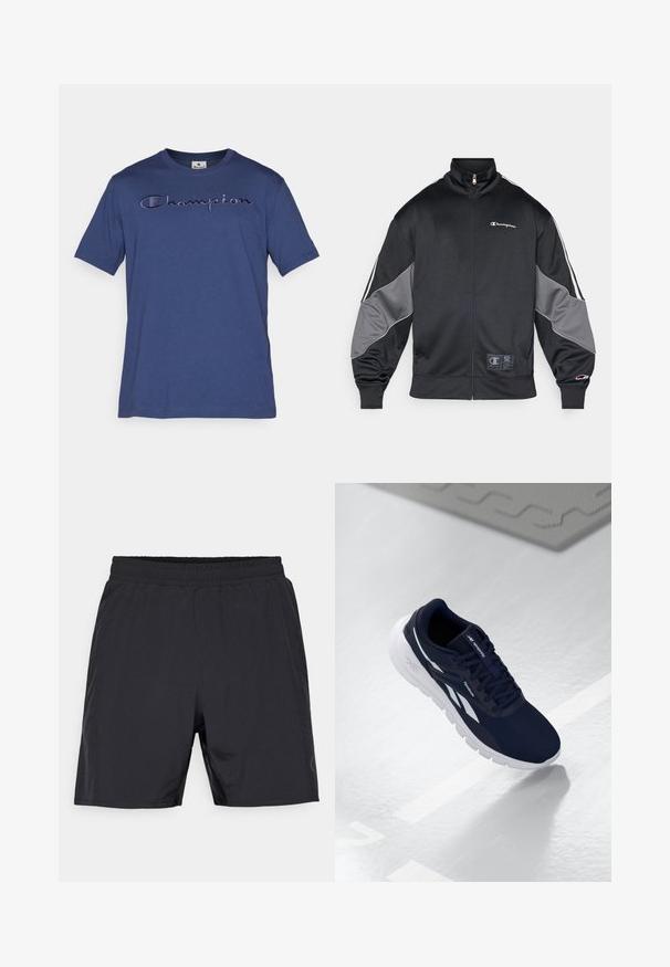 Μαύρο τζάκετ αθλητισμού από λείο ύφασμα, με γκρι λεπτομέρειες στα μανίκια, ψηλό γιακά, κλείσιμο με φερμουάρ και λογότυπο στο στήθος.; Μπλε βαμβακερό μπλουζάκι με κοντά μανίκια, με κεντημένο το λογότυπο "Champion" σε πιο ανοιχτό χρώμα στο στήθος.; Μαύρα αθλητικά σορτς με ελαστική μέση και πλαϊνές τσέπες, σχεδιασμένα για άνεση και ενεργό τρόπο ζωής.; Ναυτικές αθλητικές παπούτσια με υφή στην επάνω πλευρά, λευκές λεπτομέρειες και μαλακή σόλα. Διαθέτουν σχέδιο με κορδόνια και λογότυπο στη γλώσσα.