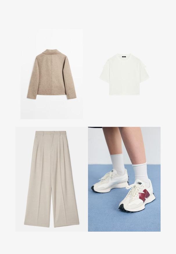 Beżowa, wełniana kurtka z długim rękawem w prostym kroju z klasycznym kołnierzem, zaprezentowana z tyłu na białym tle.; Biała, krótka koszulka z bawełny, z okrągłym dekoltem, krótkimi rękawami z regulowanymi wiązaniami na ramionach oraz luźnym krojem.; Beżowe spodnie z szerokimi nogawkami o gładkiej fakturze, z przodu plisami, płaskim paskiem w talii oraz dopasowanym kroju dla luźniejszego fasonu.; Para białych sneakersów z bordowymi akcentami, teksturowanymi panelami, płaską czarną podeszwą i jasnymi sznurowadłami, noszonych z białymi skarpetkami do kostek.