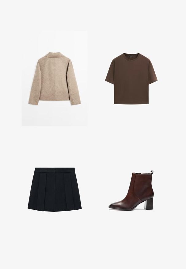 Béžová vlna smíšená dlouhá sako s rovnými liniemi a jednoduchým límcem, zobrazené zezadu na bílém pozadí.; Hnědé bavlněné tričko, krátké rukávy, kulatý výstřih, volný střih, hladká textura, minimalistický design, žádné viditelné vzory ani akcenty.; Černá plisovaná sukně vyrobená z látky s hladkým povrchem. Má strukturovaný pas a několik vertikálních plisování pro definici.; Hnědá kožená kotníková bota se špičatou špičkou a blokovým podpatkem. Má bezešvý design a smyčku na zadní straně pro snadné obouvání.