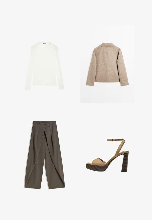 Beige uldblandet langærmet jakke med lige snit og enkel krave, vist fra ryggen mod en hvid baggrund.; Hvid langærmet t-shirt i blødt bomuld. Har en rund halsudskæring, lige kant og sømløse skuldre for et glat og strømlinet udseende.; Vide bukser lavet af et struktureret, mørkegråt stof. Har en frontfald, knaplukning og sidelommer for praktisk anvendelse.; Beige ruskinds højhælede sandaler med en bred foranrem og ankelrem, der har en kraftig træblokhæls struktur.