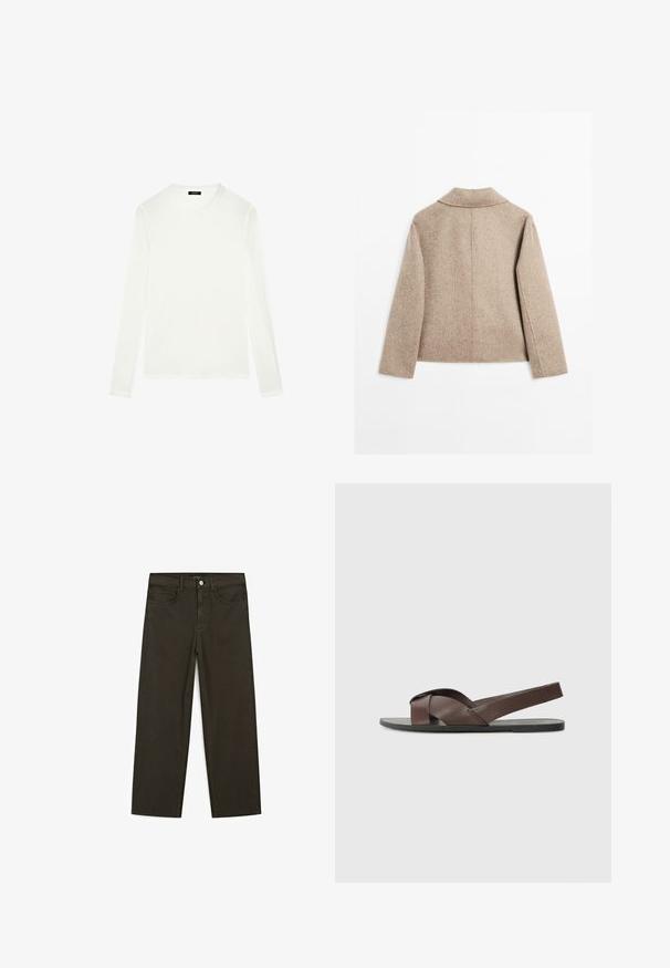 Beige uldblandet langærmet jakke med lige snit og enkel krave, vist fra ryggen mod en hvid baggrund.; Hvid langærmet t-shirt i blødt bomuld. Har en rund halsudskæring, lige kant og sømløse skuldre for et glat og strømlinet udseende.; Mørkegrønne brede jeans lavet af en bomuldsblanding, med en frontlukning med knap, fem lommer og klassisk denim-syning.; Brune lædersandal med krydsremdesign, flad sort såle og justerbar bagrem. Glat tekstur og minimale hardwaredetaljer.