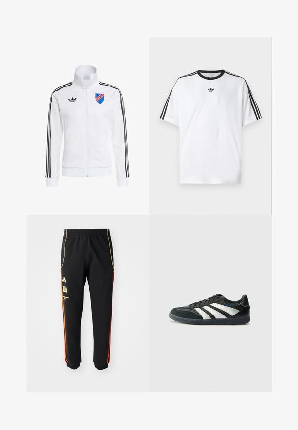 Fehér cipzáras dzseki fekete csíkokkal az ujjakon, az Adidas logója a bal mellen, és egy kék/piramis vörös pajzs folt, amelyen a "GOLD GOLD" felirat található.; Fehér pamut póló, fekete kerek nyakkal, mindkét vállán három fekete csíkkal. Kis fekete logó a mellkason.; Fekete sportnadrág elasztikus derékkal, arany és piros oldalsó csíkokkal, valamint sárga logókkal a bal combon.; adidas Performance PREDATOR FREESTYLE JUDE INDOOR FOOTBALL SHOES - Beltéri futballcipő - core black/silver-coloured/glory blue