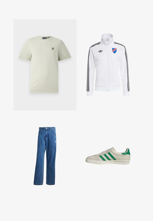 Giacca bianca con zip e strisce nere sulle maniche, logo Adidas sul petto sinistro e patch a forma di scudo blu/rossa con la scritta "GOLD GOLD."; T-shirt in cotone verde chiaro con maniche corte e scollo a girocollo, con un piccolo logo ricamato verde sul lato sinistro del petto.; Jeans di denim a vita alta e gamba larga blu, con tasche frontali, passanti per cintura, chiusura a bottone e piccolo logo Adidas sulla coscia destra.; Sneaker beige con strisce verdi, con suola bianca e tomaia in pelle liscia. Vista laterale che evidenzia i dettagli dei lacci e il logo.