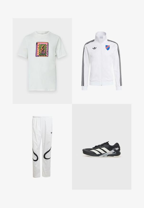 Weißes Zip-Up-Jackett mit schwarzen Streifen an den Ärmeln, Adidas-Logo auf der linken Brust und blau-rotem Wappen-Aufnäher mit "GOLD GOLD."; Weißes Baumwoll-T-Shirt mit einem quadratischen, bunten Grafikdesign mit einem Frosch und Text, vor einem geometrischen Hintergrund und akzentuierten Rändern.; Weiße Sporthose mit glatter Textur, die schwarze geschwungene Designs an den Seiten und ein schwarzes Logo in der Nähe des Bundes aufweist.; Schwarzer Sportschuh mit weißen Streifen, Obermaterial aus Mesh, runde Zehenform und gepolstertem Sohlenteil. Verfügt über eine strukturierte Ferse und ein sicheres Schnürsystem.
