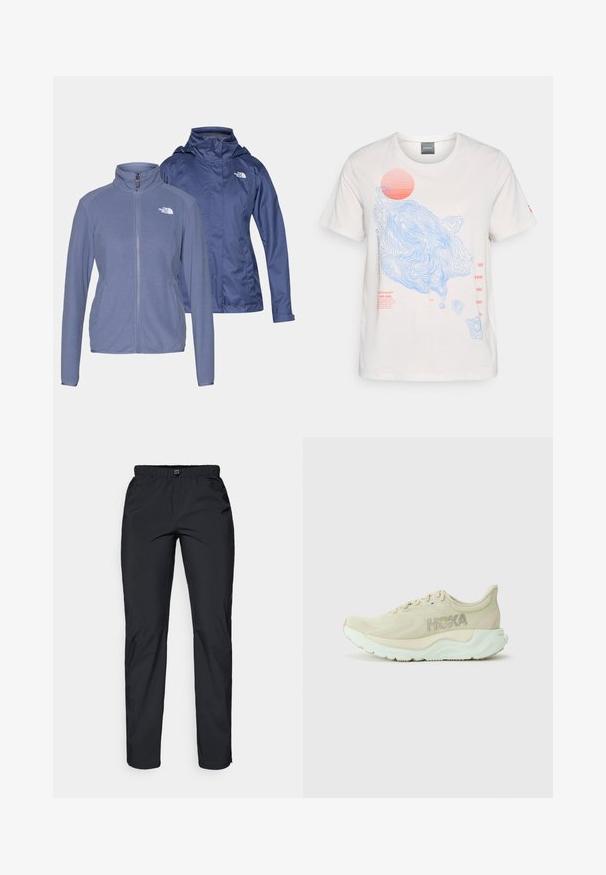 Dva jakne: svijetloplava flis jakna sa zatvaračem i visokim ovratnikom, i mornarsko plava vodootporna jakna s kapuljačom. Obje imaju logotipe na prsima.; Bijela pamučna majica s plavim konturama i grafikonom crvenog sunca, s crvenim natpisima na prednjoj strani. Kratke rukave, okrugli izrez.; Crne, lagane, vodoodbojne hlače s elastičnom gumom u struku i dva bočna džepa; glatka tekstura; ravne nogavice.; Svijetlosmeđi tenisice za trčanje s teksturiranim mrežastim gornjim dijelom, podstavljenim srednjim dijelom i mint zelenim potplatom. Imaju Hoka logotip sa strane.
