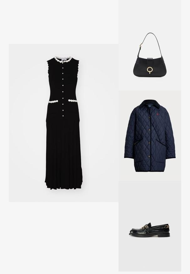 Jūras spēku zilas krāsas quiltota garā mētelis ar kordūras apkakli, snap pogām, divām priekšējām kabatām un mazu emblemu uz krūtīm. Vizuāls raksts visā virsmā.; Melnas bezpiedurknēm kleitas ar pieguļošu korpusu, baltu ziedu apdari un pogām. Ievērojamas divas priekšējās kabatas un svārku dizains ar krokām.; Melnas ādas loafers ar gludu apdari, aprīkoti ar divām zeltītām sprādzēm un zemu papēdi. Gluda tekstūra un noapaļots purngals.; Melna ādas rokassoma ar izliekta siluetu, īsu siksnu, centrālo zelta krāsas aksesuāru un gludu tekstūru. Nav redzamu rakstu vai akcentu.