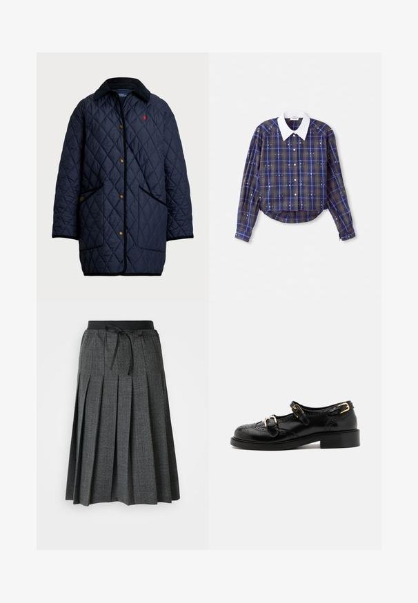 Tumesinine dikraaviga pikem katte mantel, millel on nõelvelje kaelus, nööbid, kaks esist pocketit ja väike embleem rinnal. Tekstuurne muster läbi kogu mantli.; Lühendatud ruuduline särk sinise ja halliga, valge kraega, nupuga kinnituse ja kaunistustega. Pikkade varrukatega, millel on nupu kinnitusega mansetid.; Hallitusseente mustriga hall voltiga seelik, millel on must elastne vöökoht ja dekoratiivne lips ees.; Mustal nahast kingad brogue-tekstiiliga, millel on kaks pandla rihma, ümar varvas ja madal konts. Sujuv tekstuur ja läikiv viimistlus.