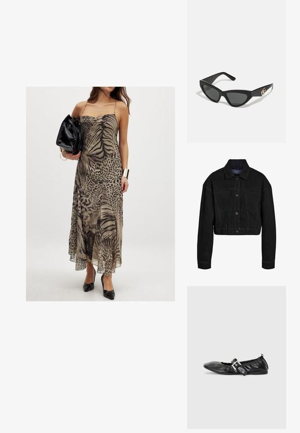 Čierna denimová skrátená bunda s gombíkovým zapínaním, dvoma náprsnými vreckami a klasickým golierom. Obsahuje tonálne stehy a dlhé rukávy.; NA-KD Maxi šaty - animal print; Čierna kožená plochá obuv s špicatou špičkou, zberaným detailom okolo otvoru a strieborným prackovým akcentom na nastaviteľnom remienku.; Slnečné okuliare v tvare mačacích očí s matným čiernym plastovým rámom, tmavými sklami a zlatým logom na bočnej strane. Ostrý dizajn a hladká textúra.