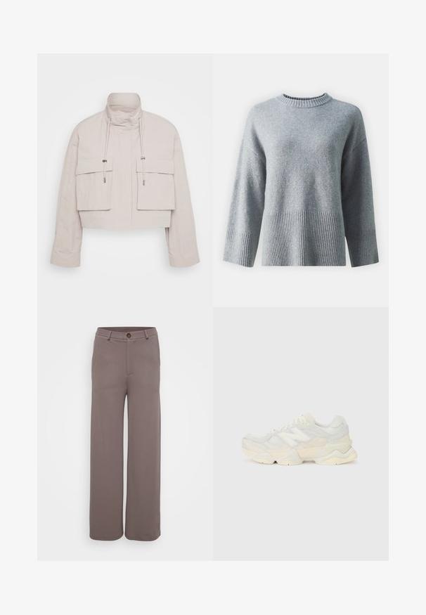 Jaqueta cropped em tecido bege claro com gola alta, dois bolsos frontais com aba e cordões ajustáveis para um ajuste seguro.; Suéter cinza com gola redonda, apresentando uma bainha e punhos canelados texturizados, feito de um tecido macio com um acabamento suave.; Calças de perna larga em um tecido marrom suave e discreto, com bolsos frontais, fecho de botão e cintura ajustada.; Sapatilha leve com um upper em malha e camurça em tons suaves de creme, com uma sola robusta e acentos tridimensionais.